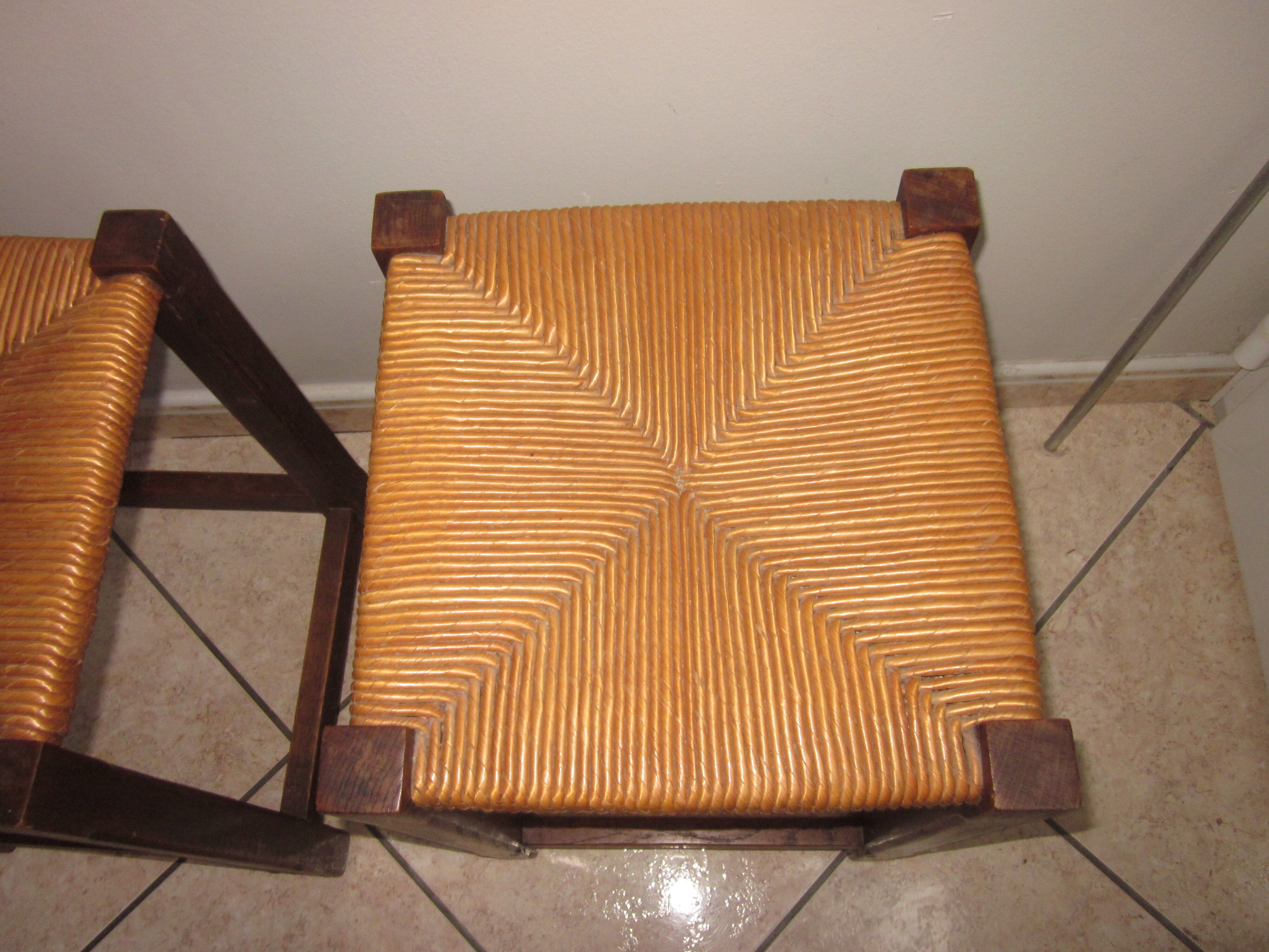 Pair of wooden and straw stools