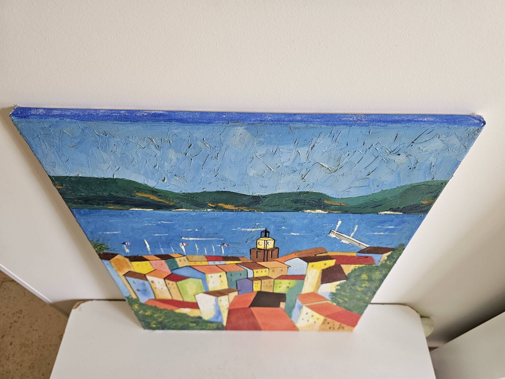 Oil painting - Colourful view of the rooftops of the village of Saint-Tropez
