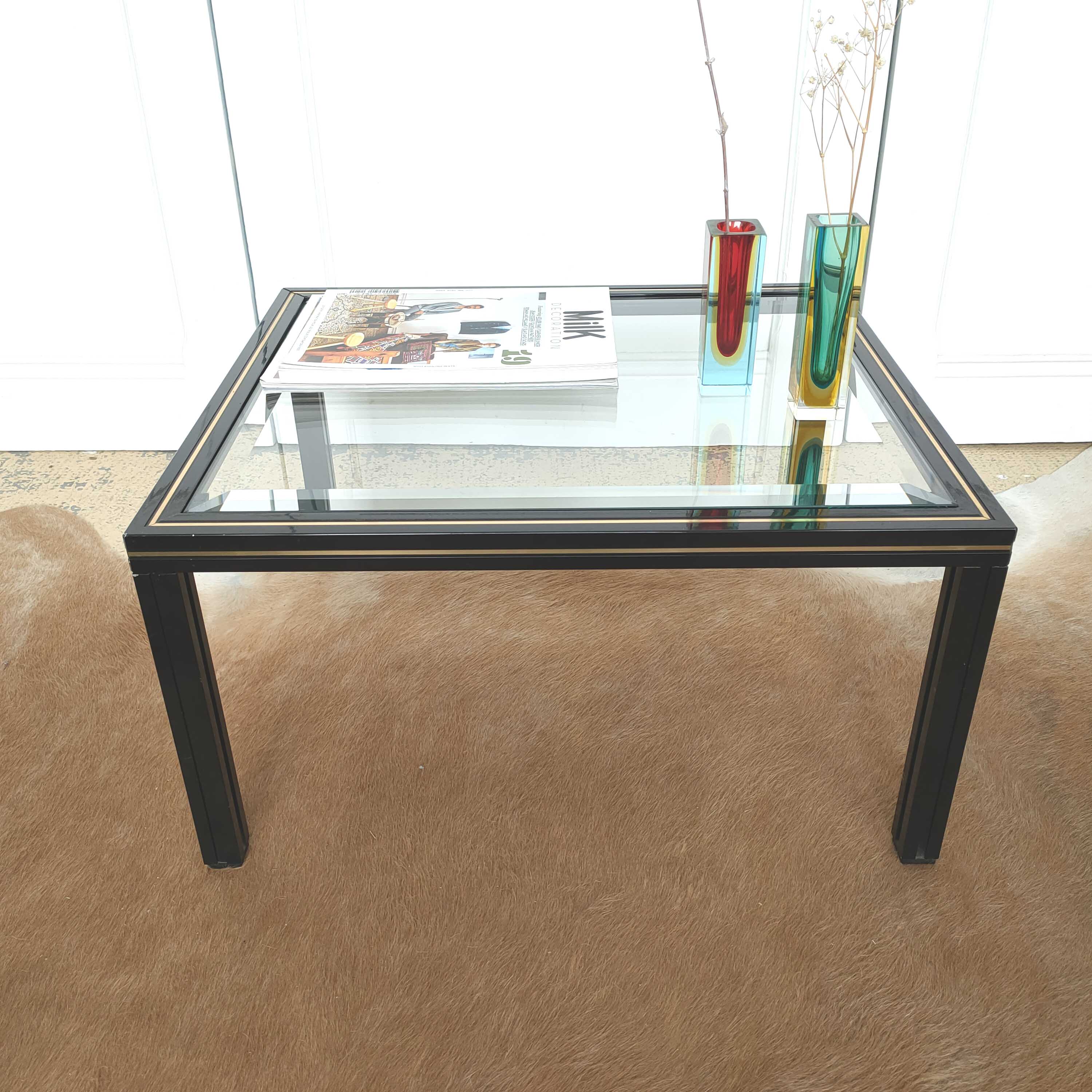 Coffee table beveled glass and black and gold metal