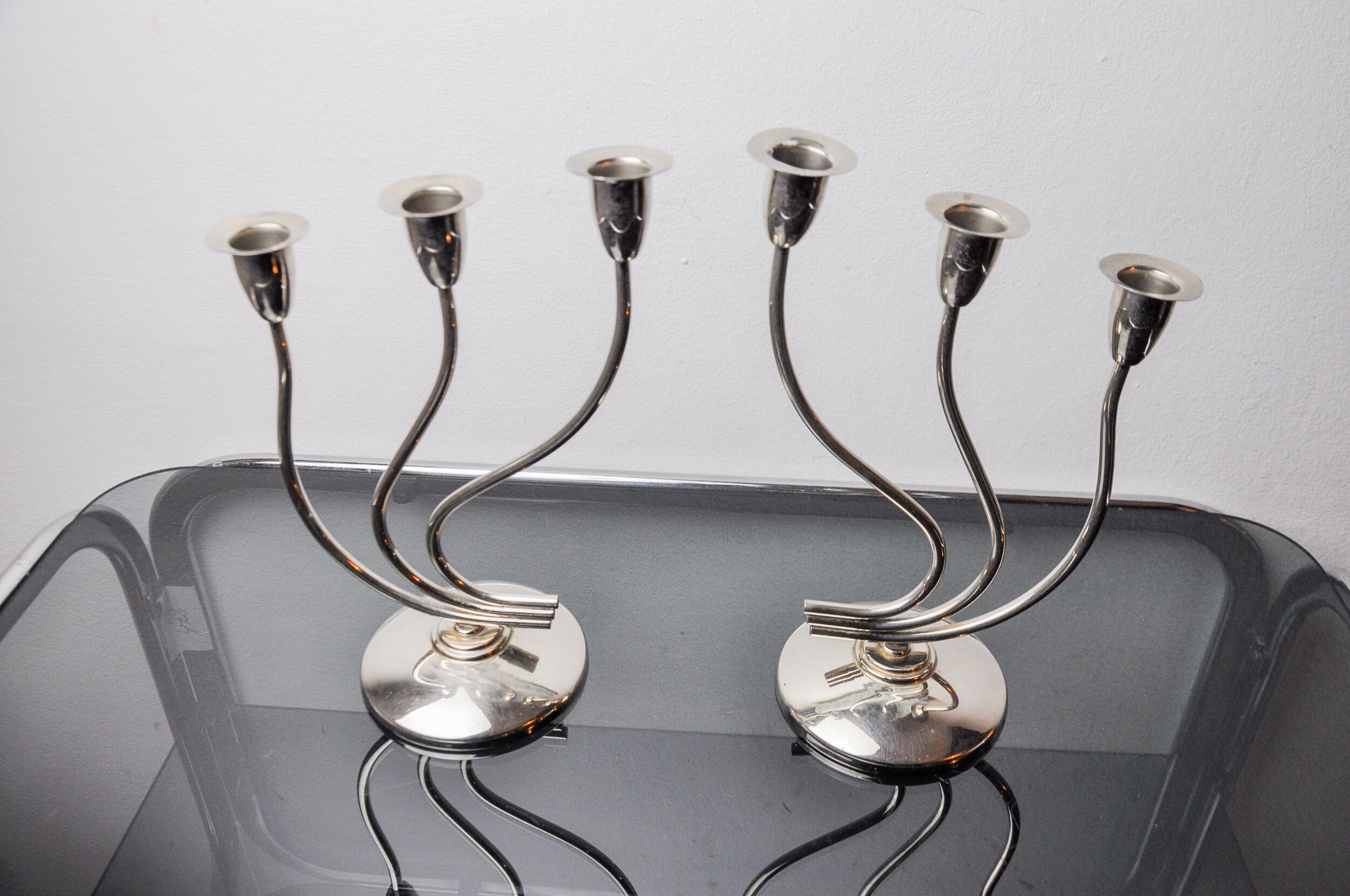 Pair of art deco candlesticks in stainless steel 3 flames, Spain, 1970