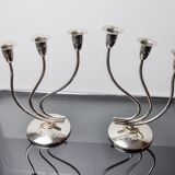 Pair of art deco candlesticks in stainless steel 3 flames, Spain, 1970