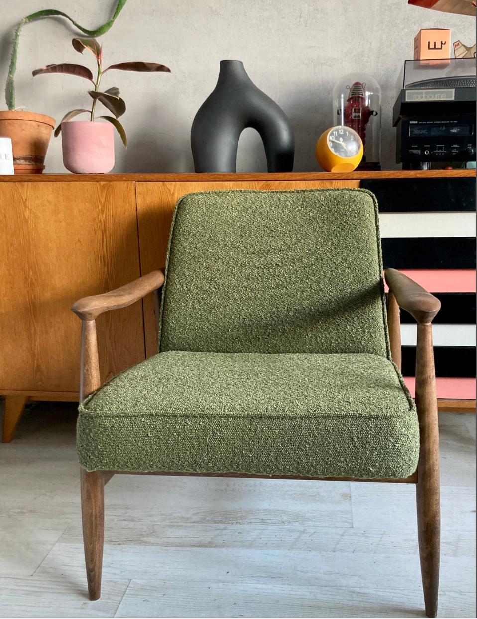 Original vintage polish chair GFM-87 designed by Juliusz Kędziorek in curled fabric