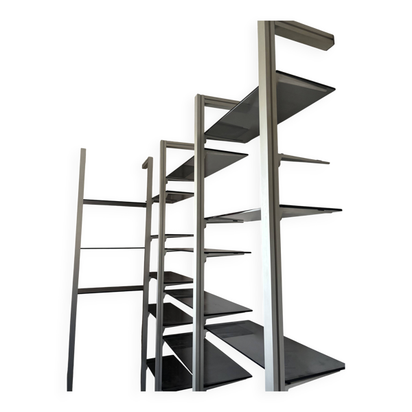 Bibliothèque modulaire TECHNAL vintage 1975 aluminium et verre fumé