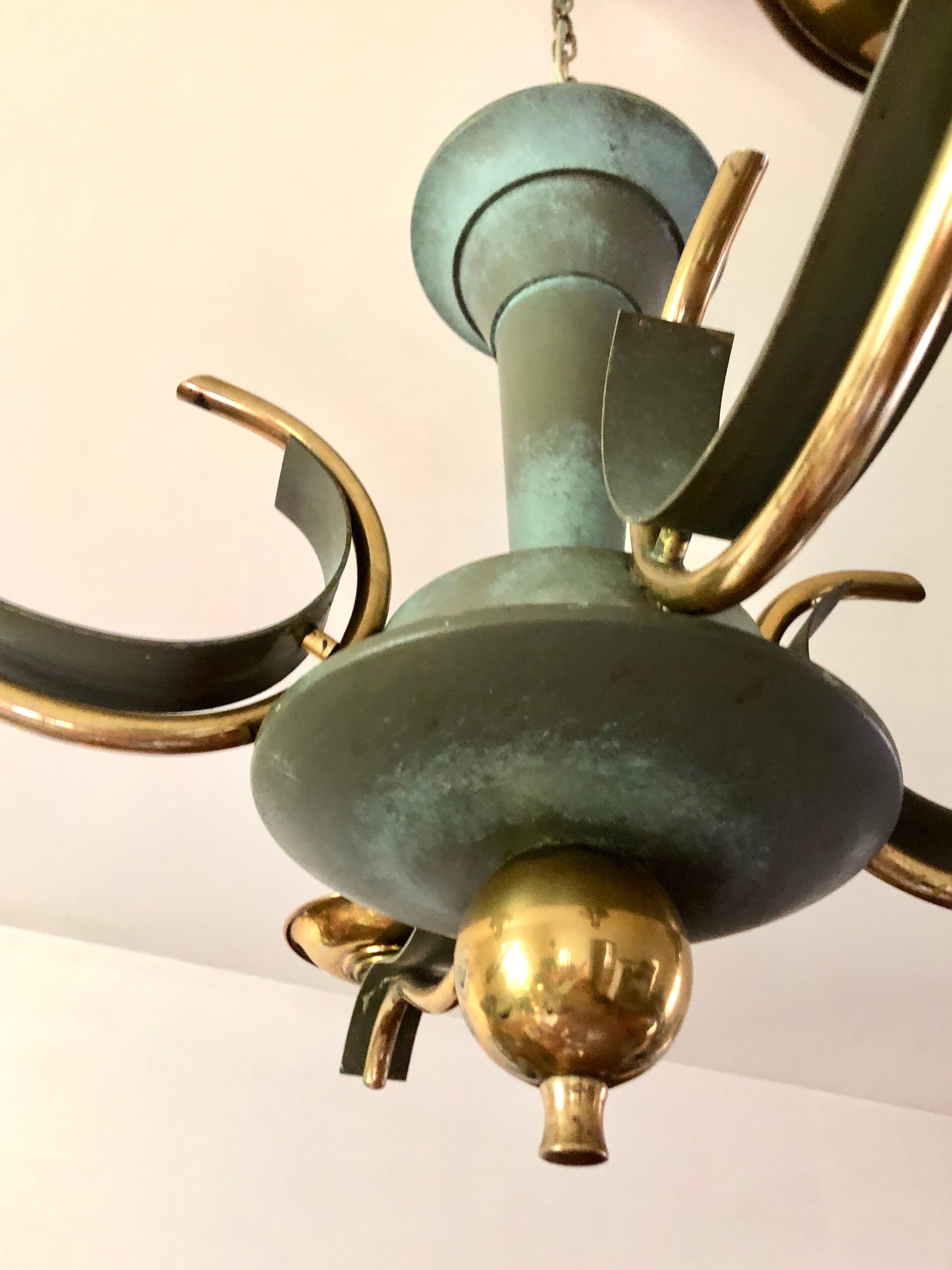 Celadon green modernist chandelier and solid brass
