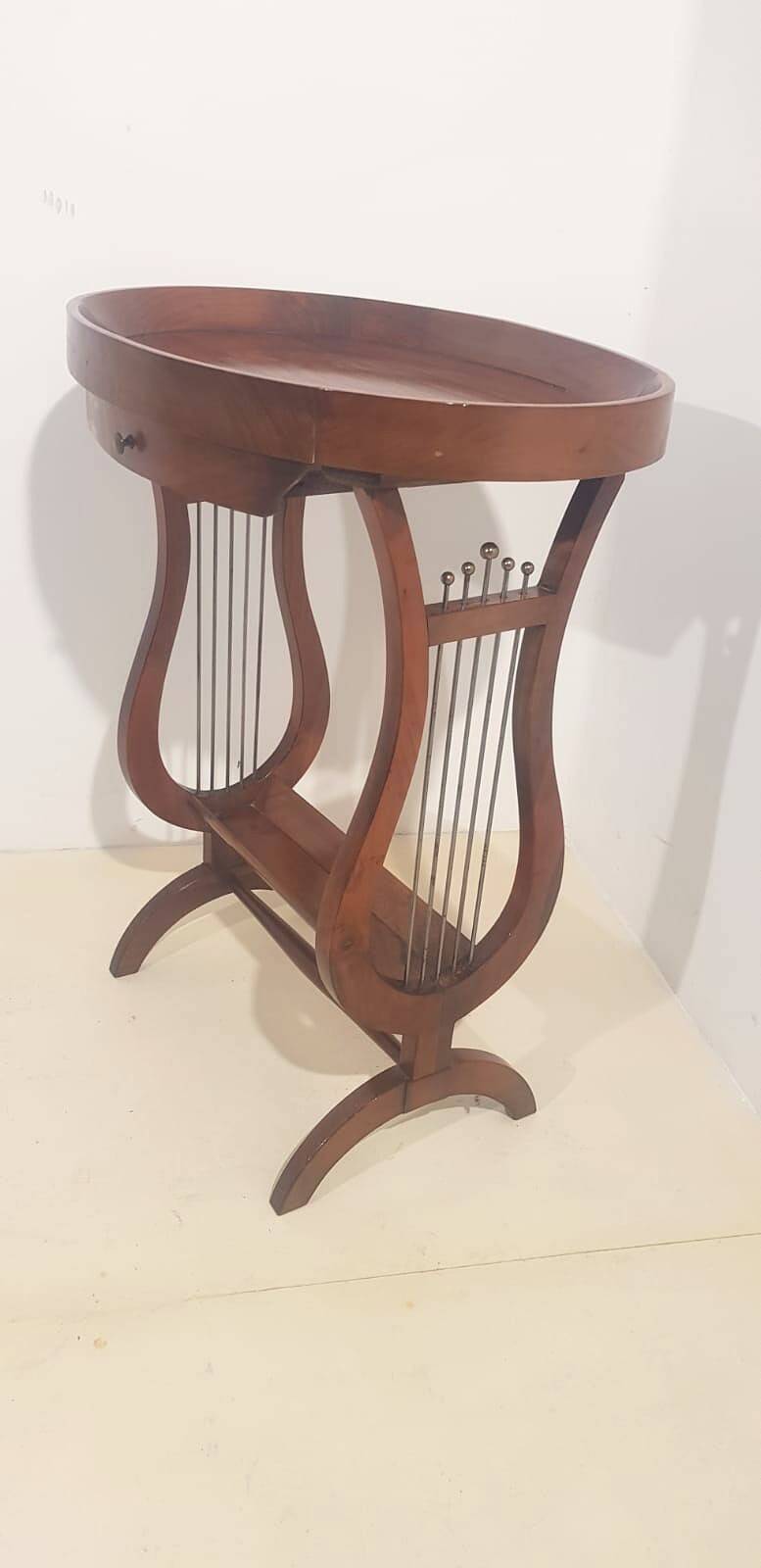 Vintage French Side Table with Lyre-Shaped Legs and Oval Tray Top