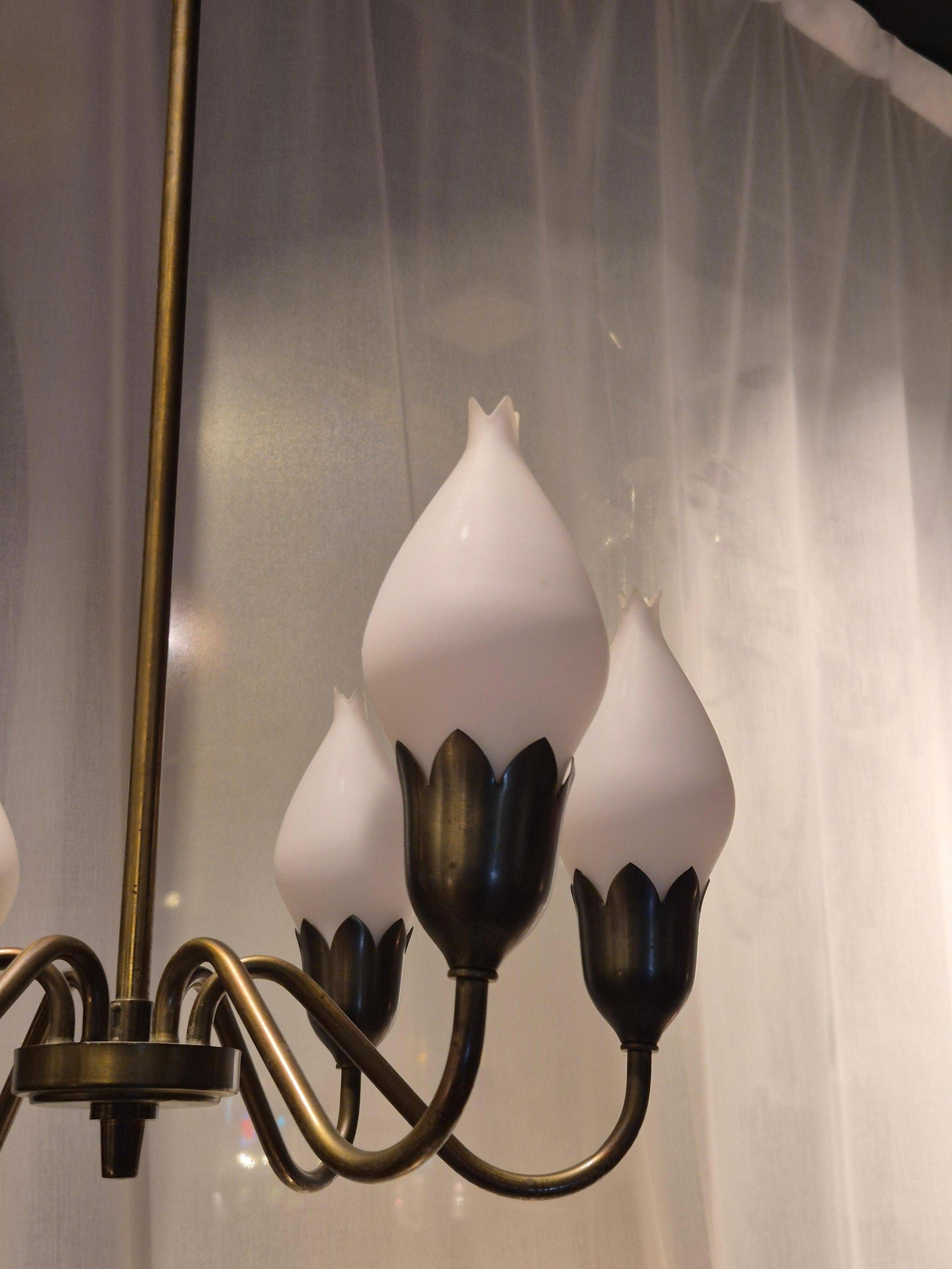 Lustre "Tulip" in brass and glass by Fog and Morup, Denmark.