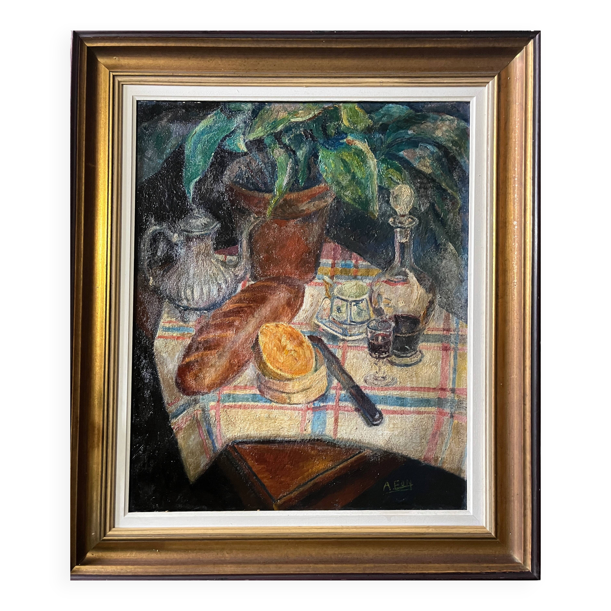 HST painting "Still life with cheese and wine" circa 1950 A. Eon (born in 1923)