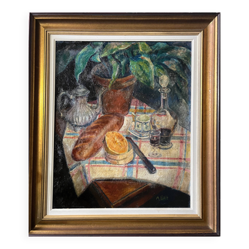 Tableau HST "Still Life with Cheese and Wine" circa 1950 A. Eon (born in 1923)
