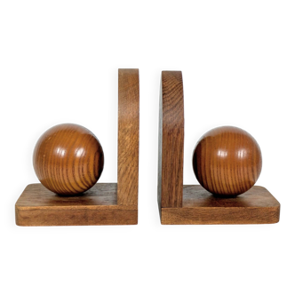 Pair of antique oak wood ball bookends