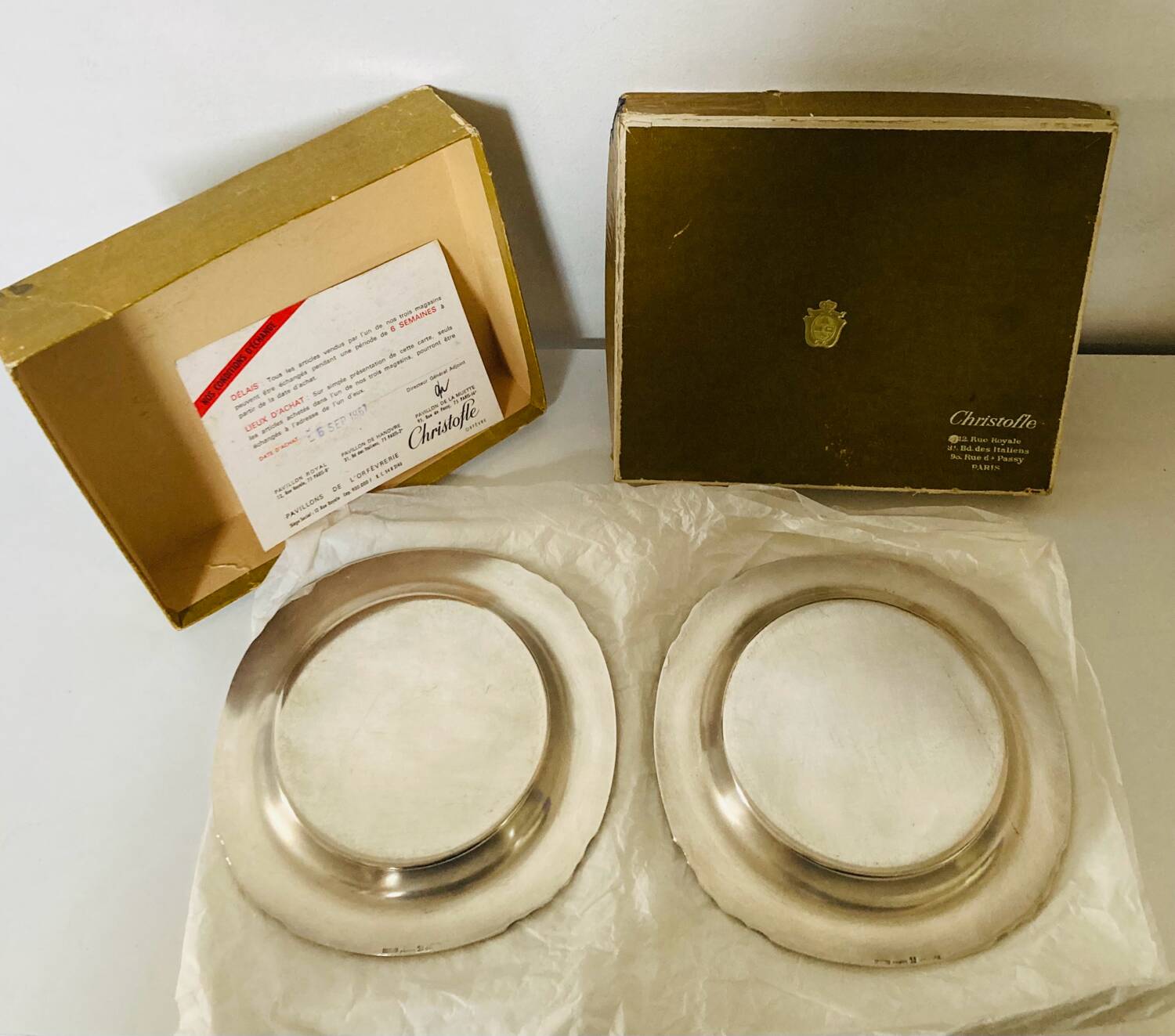 Christofle / galia trays in hallmarked silver metal in their case
