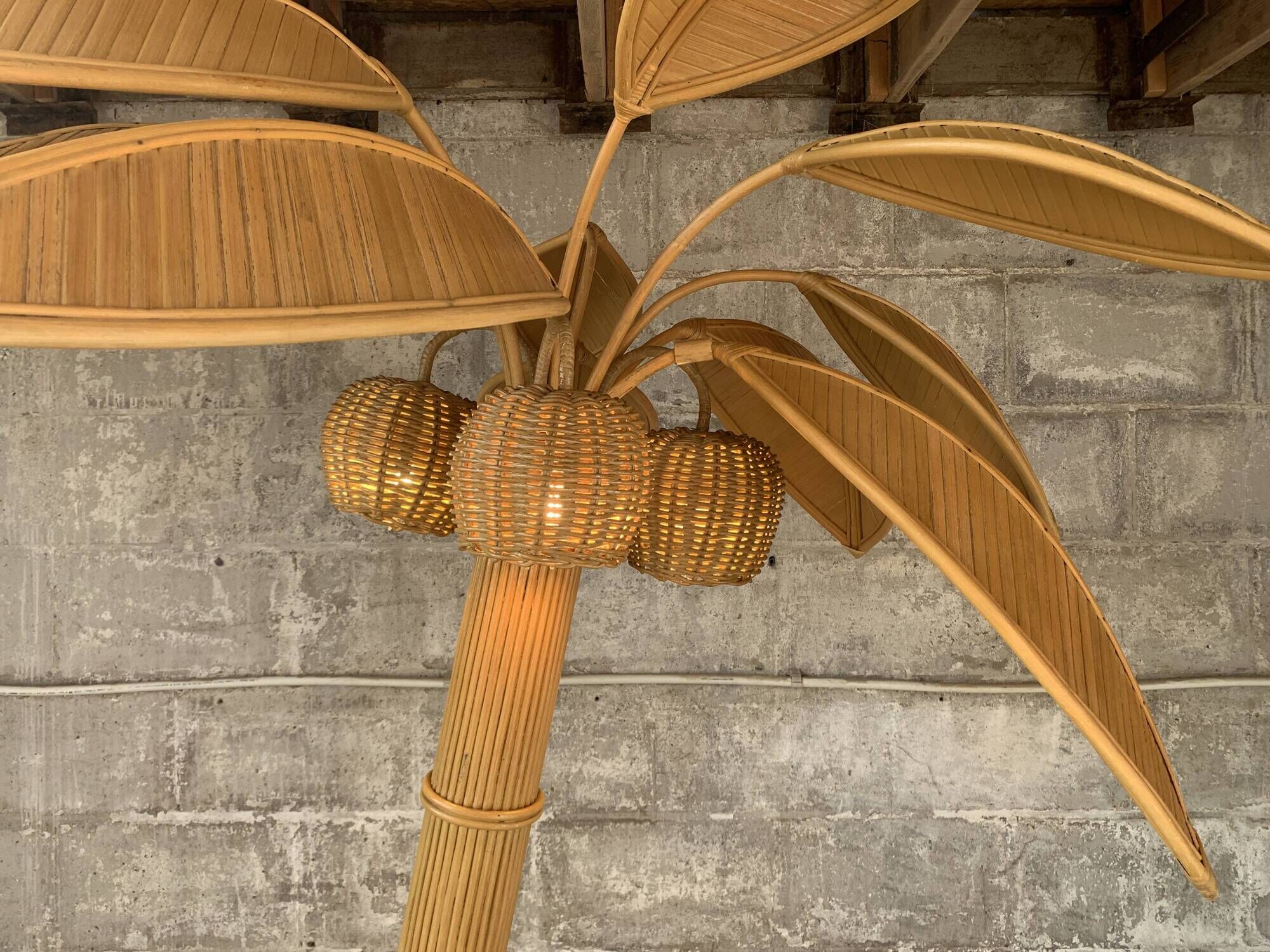 Pencil Reed rattan bamboo coconut palm tree floor lamp, Mario Lopez Torres, 1970s
