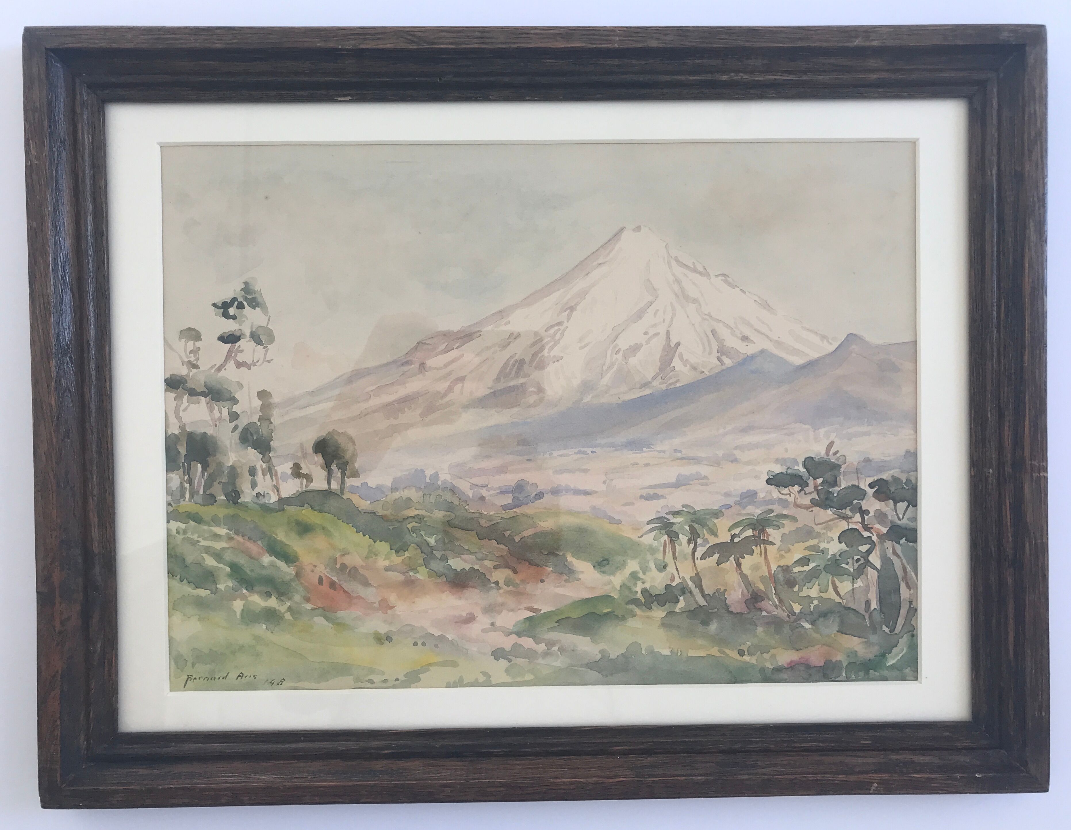Watercolour signed by bernard aris, mount taranaki, new plymouth park, 1948