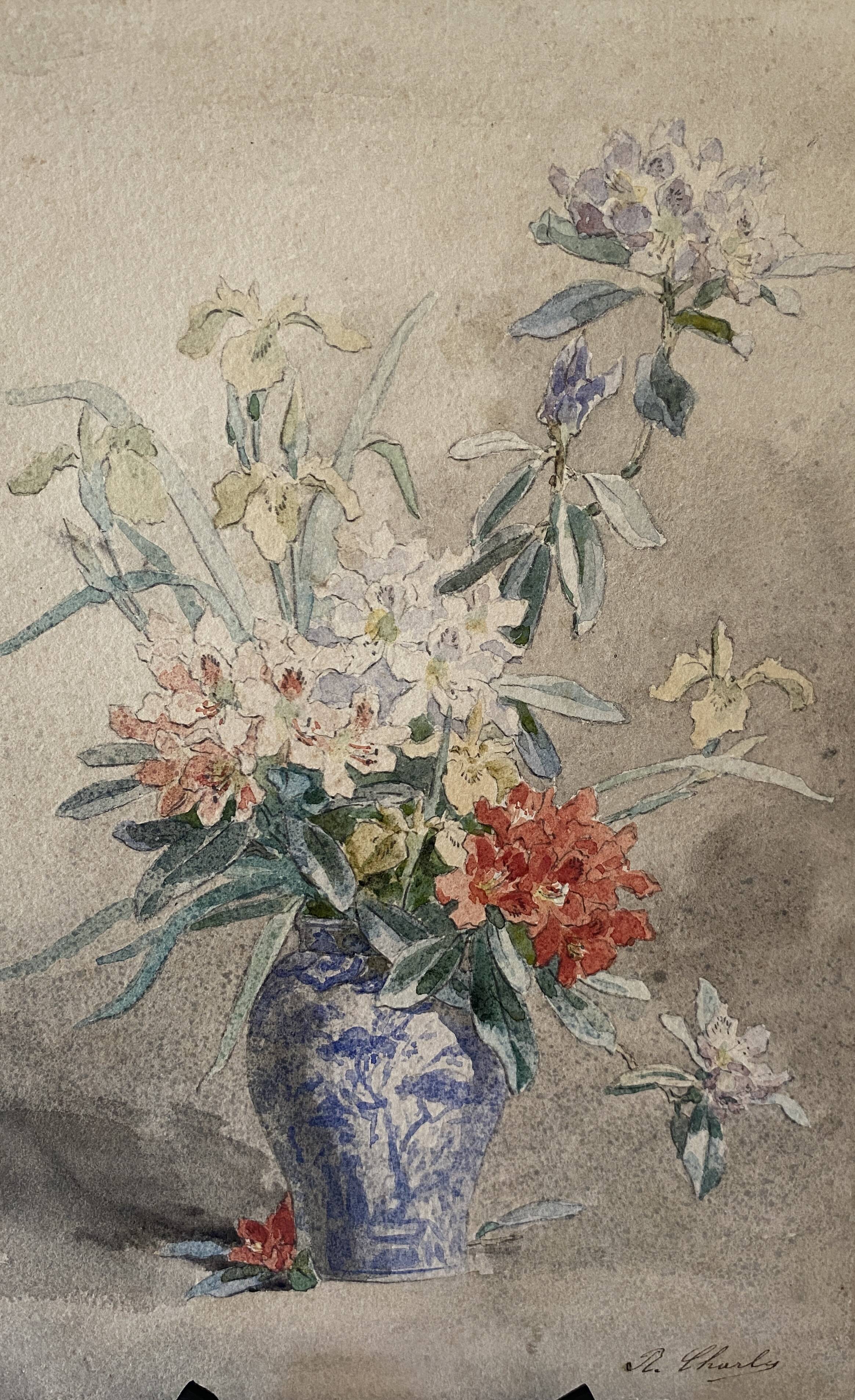 Aquarelle et cadre bois vernis 1900