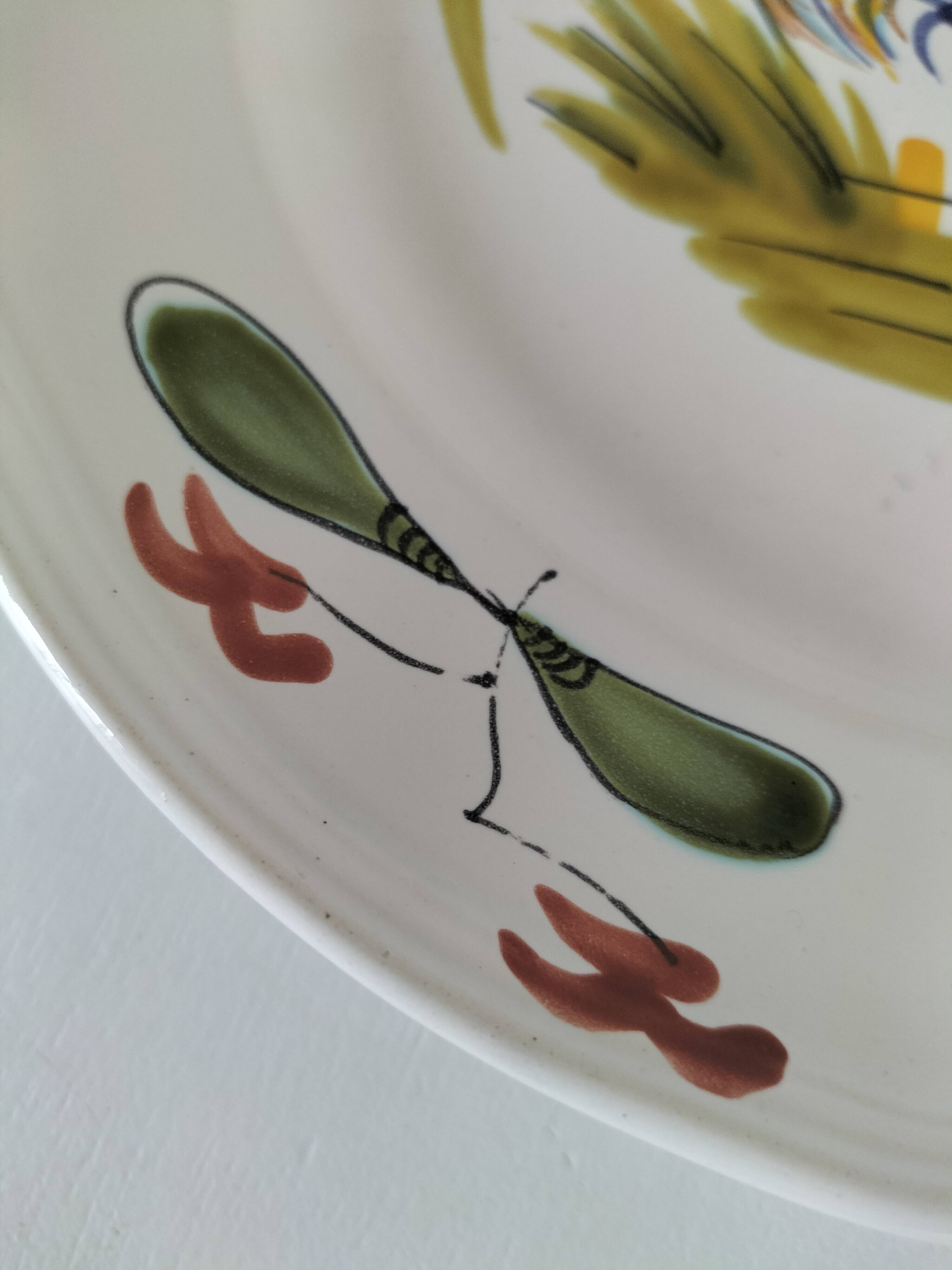 Hand-painted earthenware plate from Pornic, vintage rooster design
