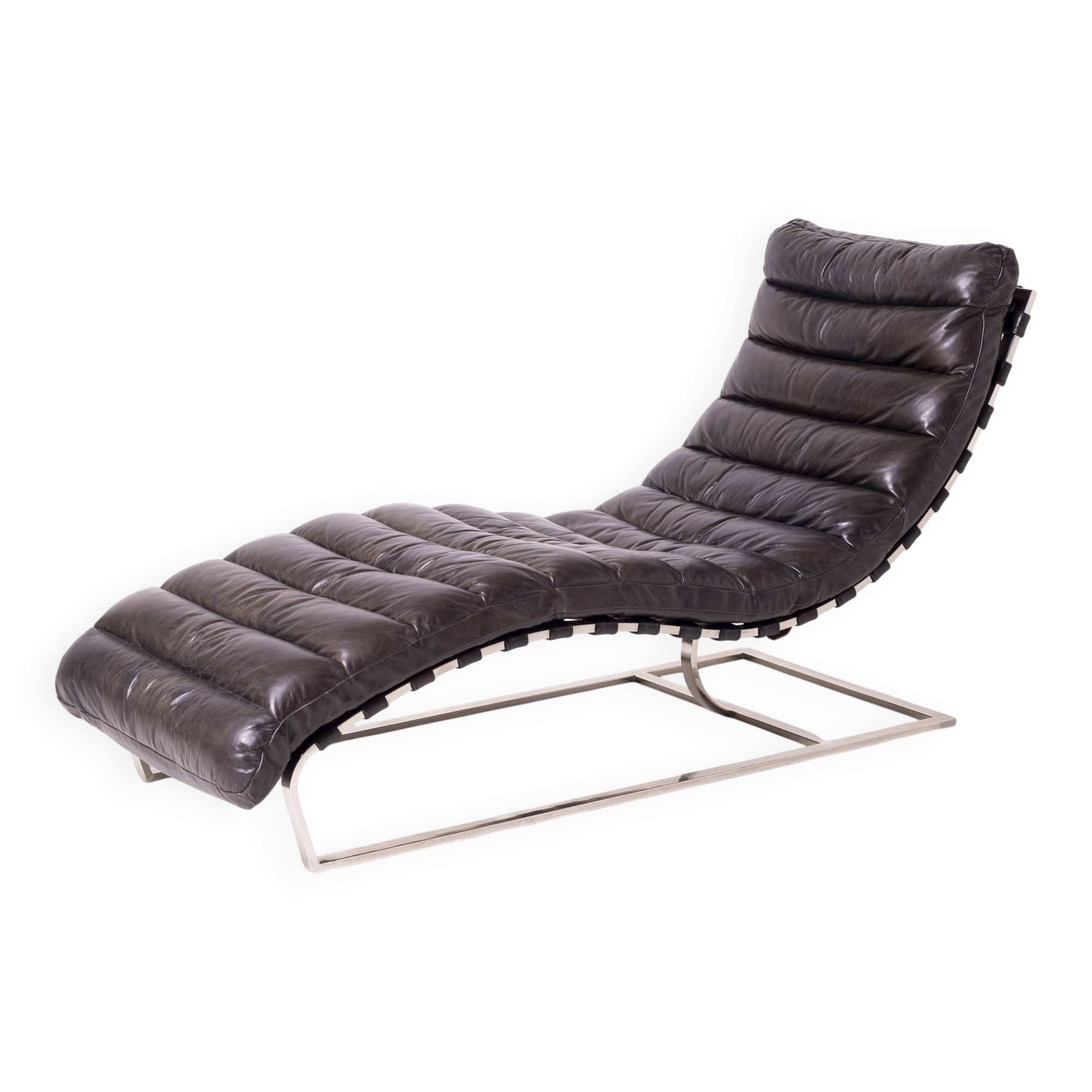 Oviedo mid-century vintage style chaise longue in dark brown leather and chrome