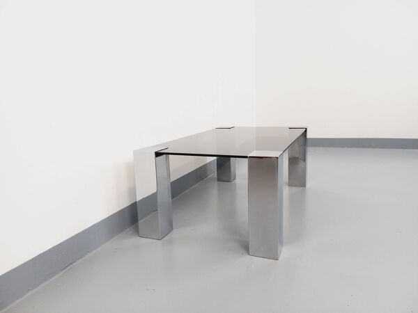 Table basse italienne vintage cidue en verre fumé et métal chromé des années 70