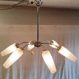 Chandelier with 6 lights in gold-plated metal and glass tulip - mid 20th century.