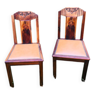 Paire de chaises Art Déco en bois et skaï camel