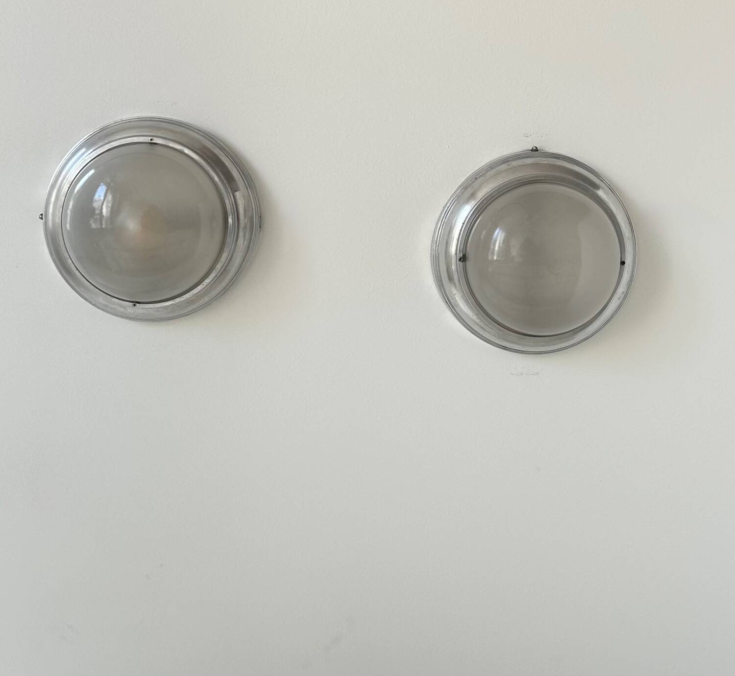 Pair of vintage art deco wall lights, chrome and sandblasted glass, France 1930