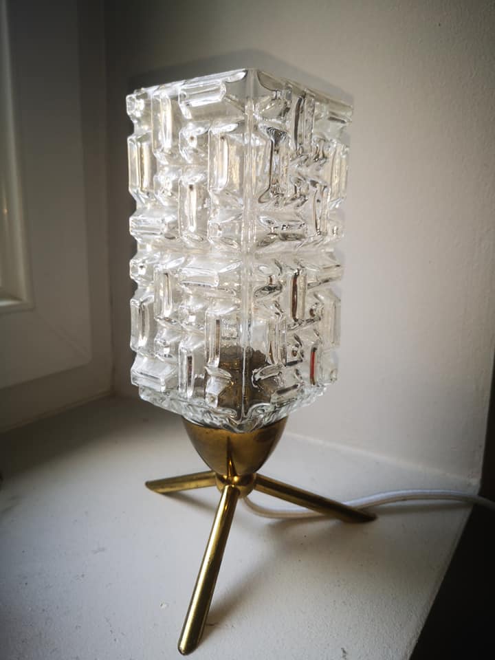 Table lamp tripod globe rectangle glass thick 100% 1970 vintage