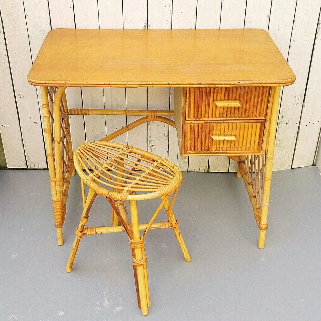 Vintage Louis Sognot rattan desk and stool