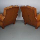 Pair of French Cognac Moustache Back Leather Club Chairs, 1950s