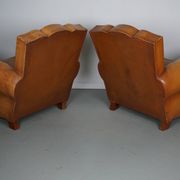 Pair of French Cognac Moustache Back Leather Club Chairs, 1950s
