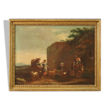 17th century bucolic landscape painting with figures, pastoral scene