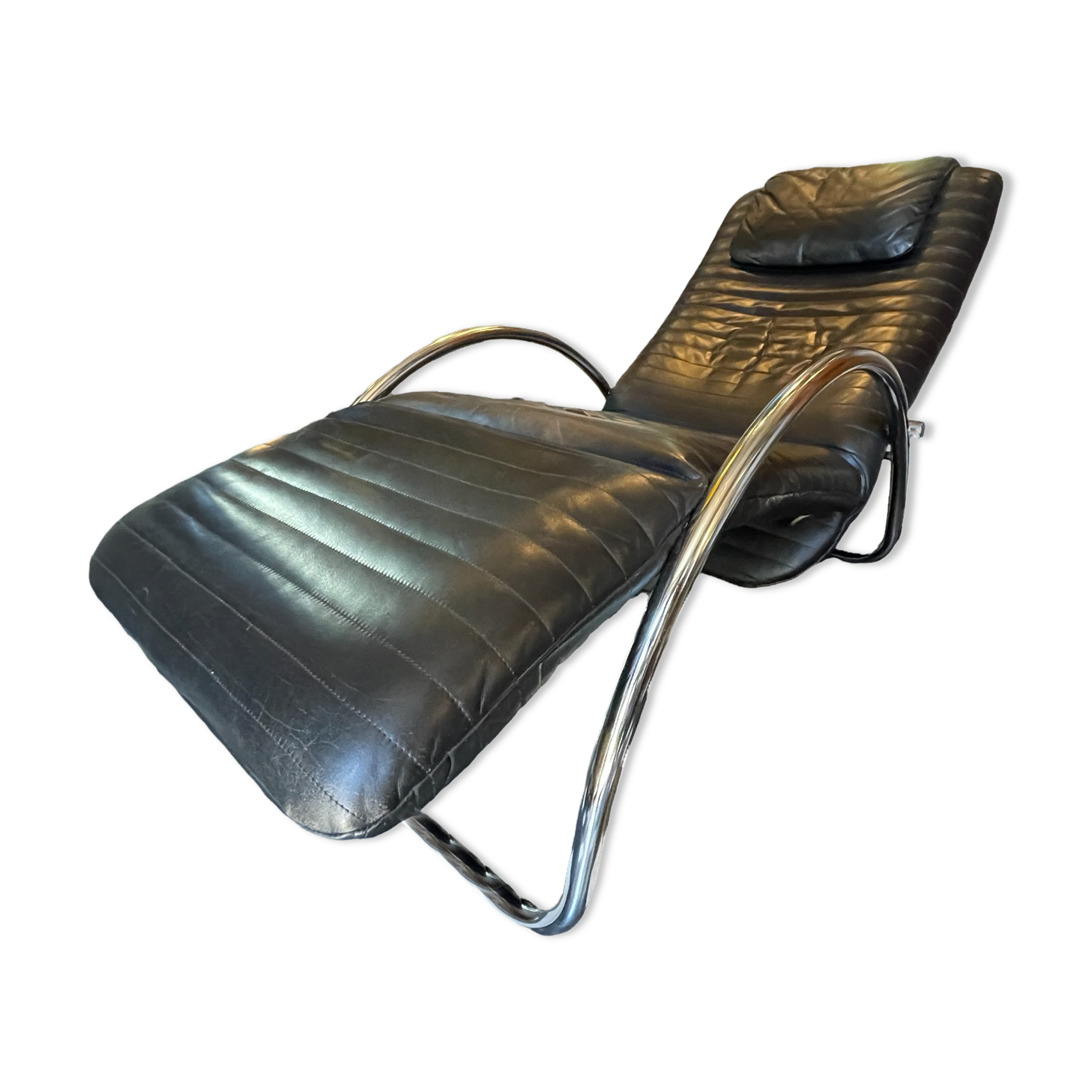 Chaise longue vintage en cuir et métal chromé, design italien, ca 1970s