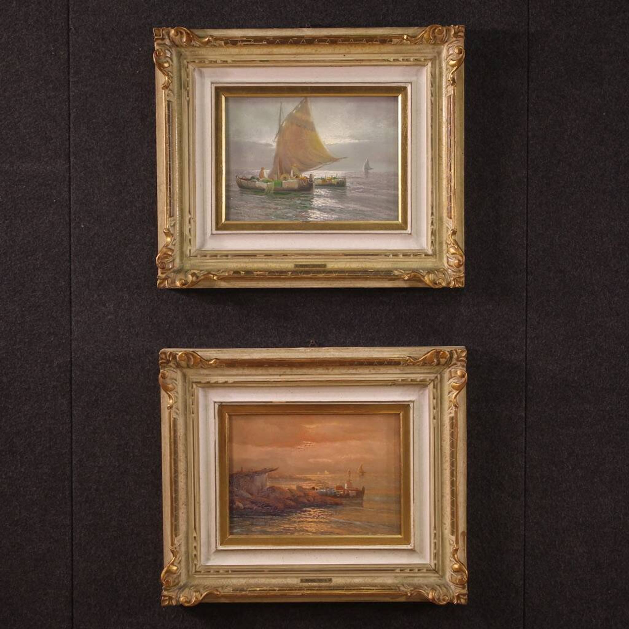 Seascape painting signed by Remo Testa, fishermen at sunset