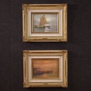 Seascape painting signed by Remo Testa, fishermen at sunset