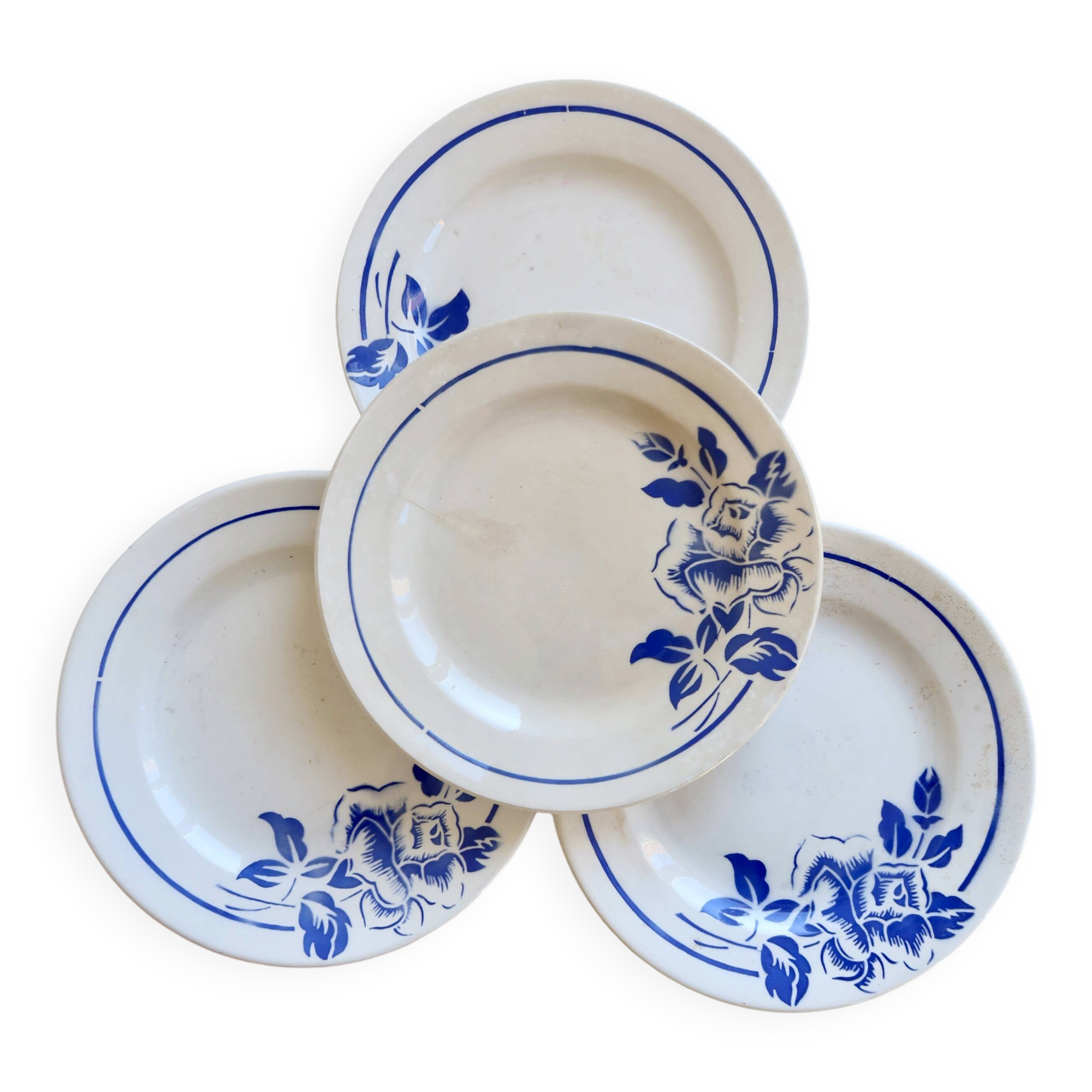 4 vintage ironstone dessert plates Digoin Sarreguemines Hubert blue