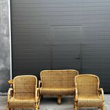 Vintage rattan garden furniture – complete set with sofa and armchairs.