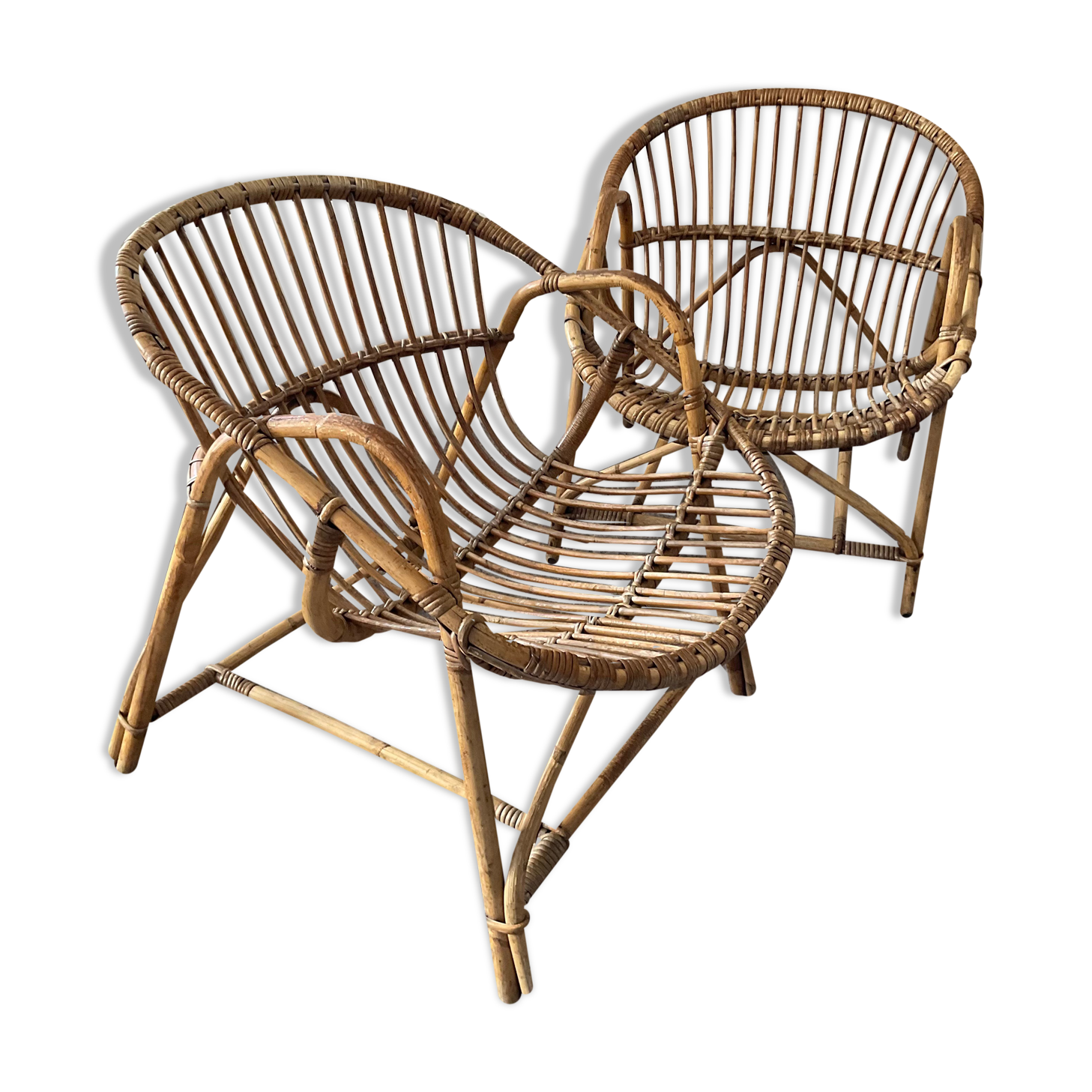 Pair of rattan shell armchairs from the 60s