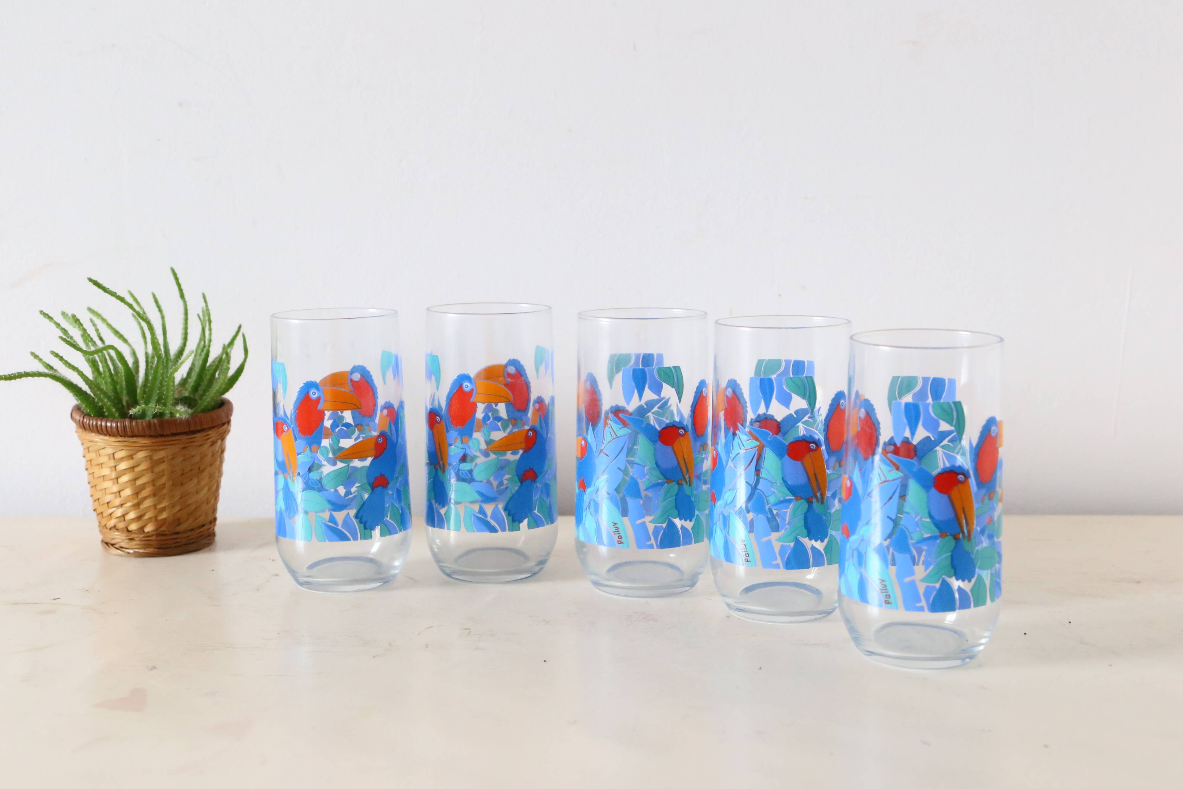 Set of 5 water glasses, bird decorations, 70s/80s, vintage