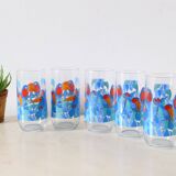 Set of 5 water glasses, bird decorations, 70s/80s, vintage