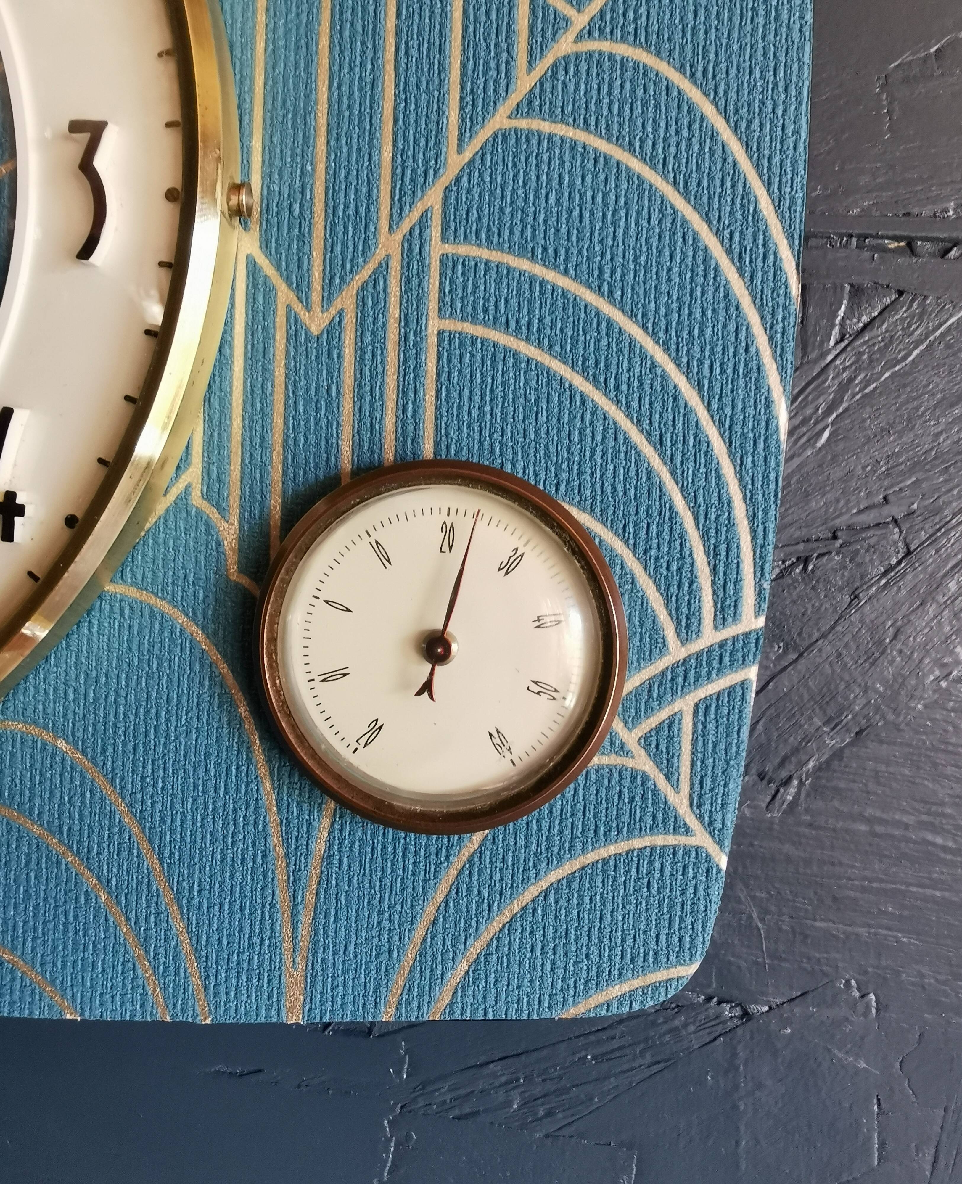 Vintage thermometer clock rectangular silent wall pendulum "Golden blue"
