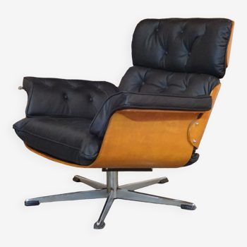 Plywood black leather swivel chair , black leather, 1960s