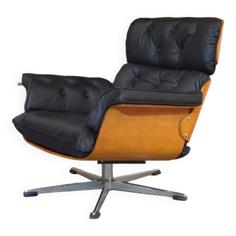Plywood black leather swivel chair , black leather, 1960s