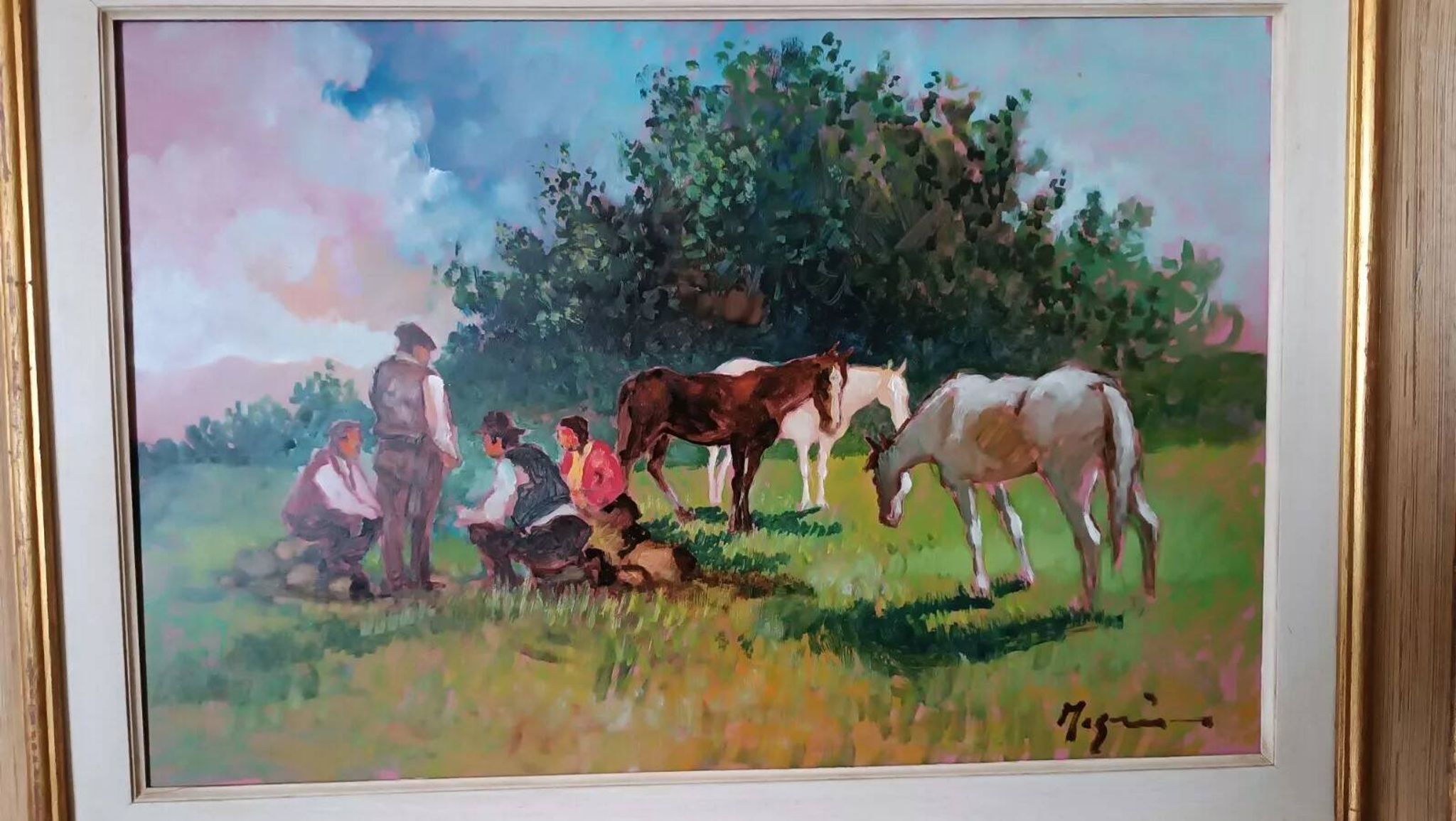 Peinture à l'huile paysage campagne chevaux fausto magni (florence 1906-1985)