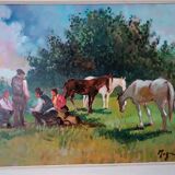 Peinture à l'huile paysage campagne chevaux fausto magni (florence 1906-1985)