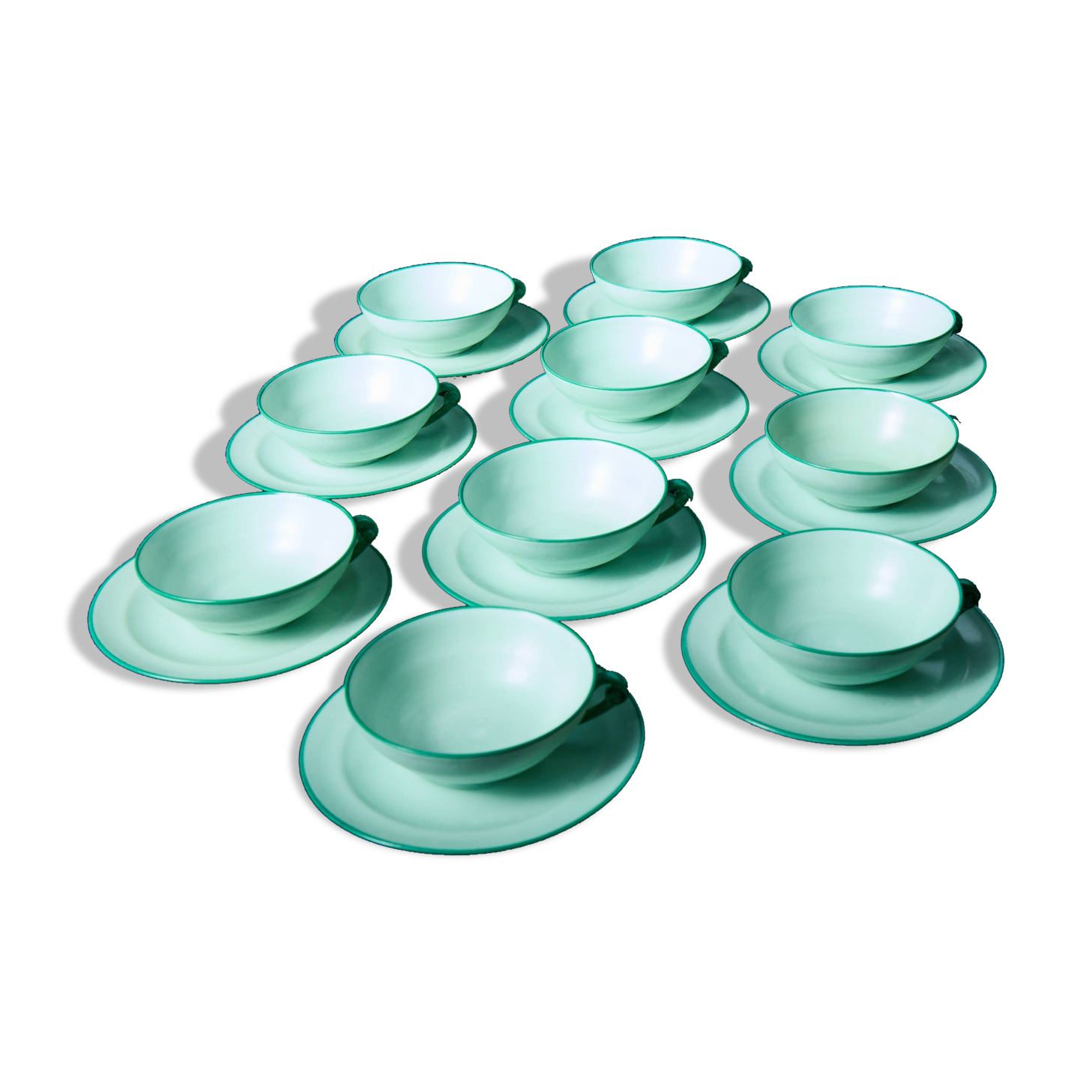 Set of 7 vintage green coffee cups with 12 saucers