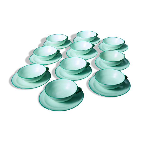 Service de 7 tasses à café vertes vintage avec 12 soucoupes