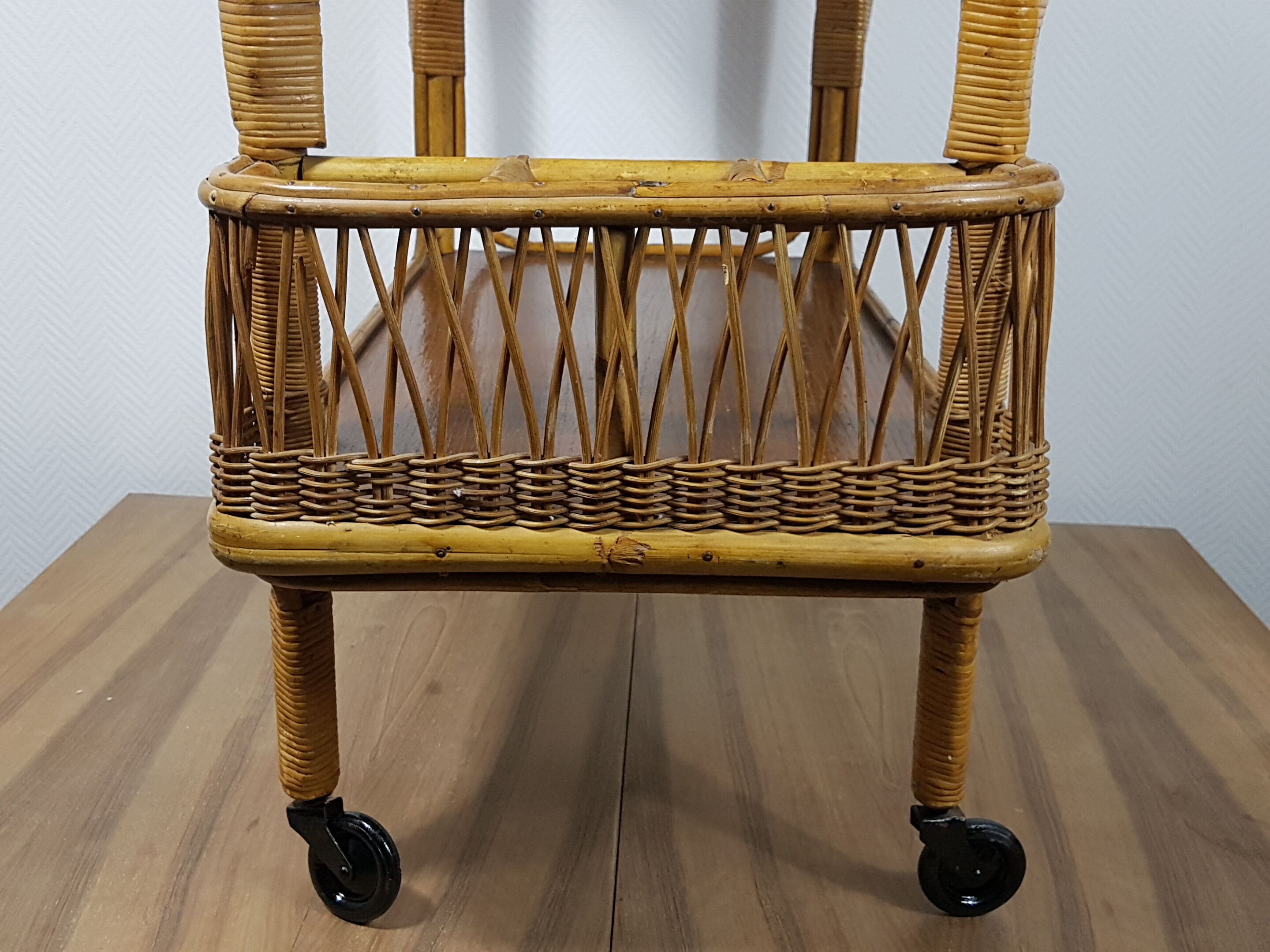Vintage 70s rattan bar on wheels