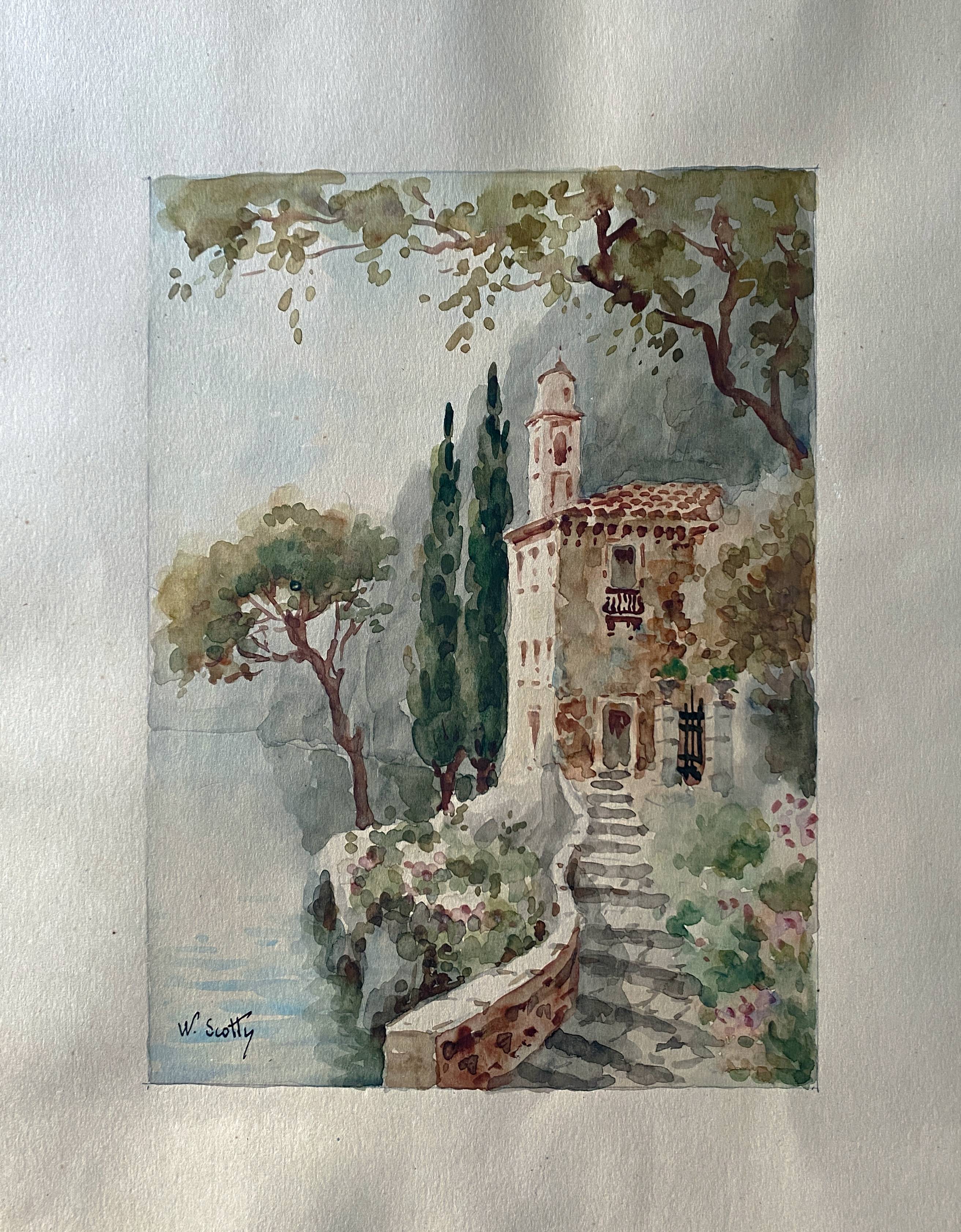 Watercolor painting "Monastery" Italy early XX ° by W. Scotty