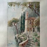 Watercolor painting "Monastery" Italy early XX ° by W. Scotty