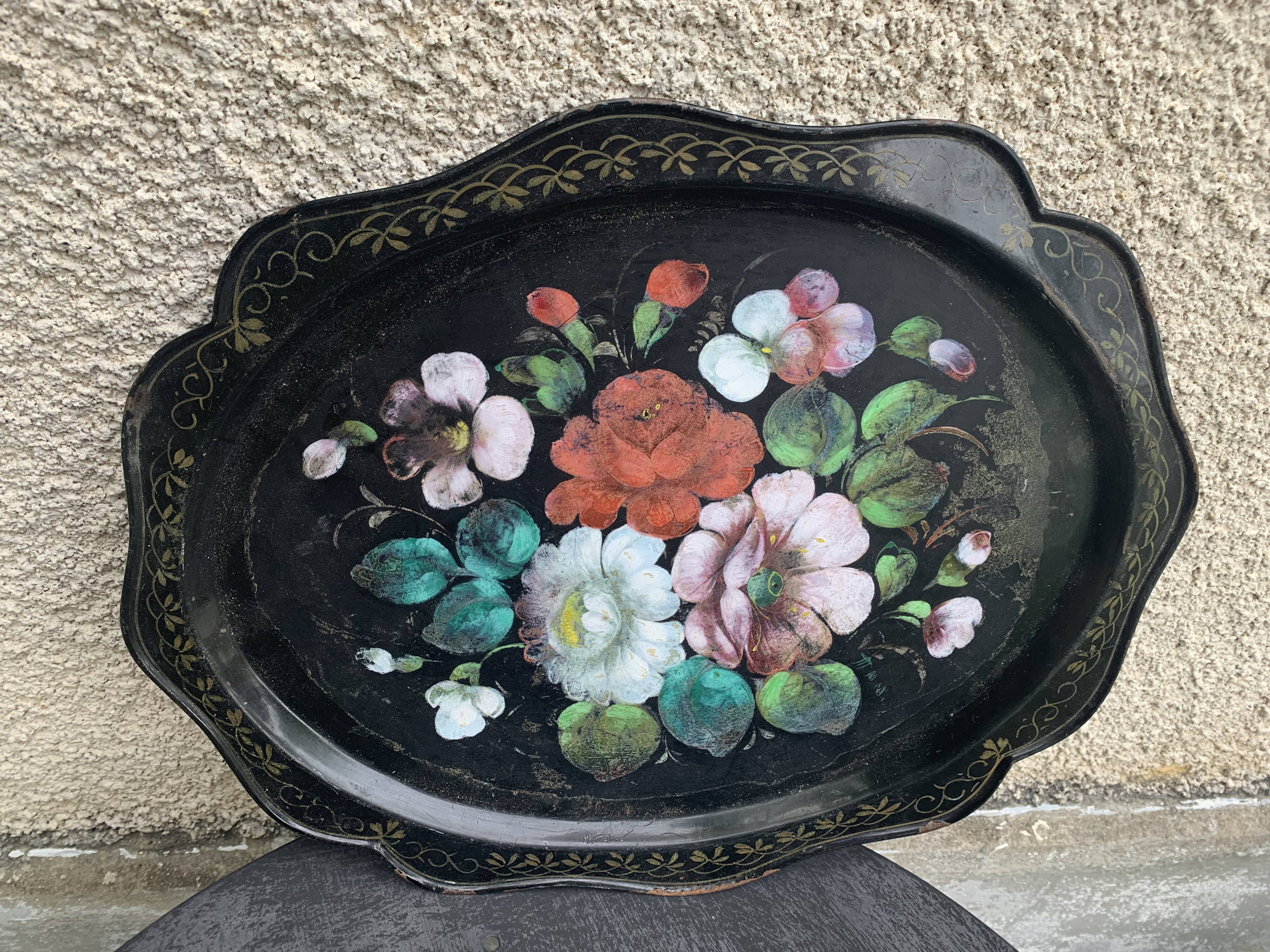 Bohemian and folkloric tray hand-painted flowers on a black metal background