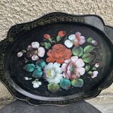 Bohemian and folkloric tray hand-painted flowers on a black metal background
