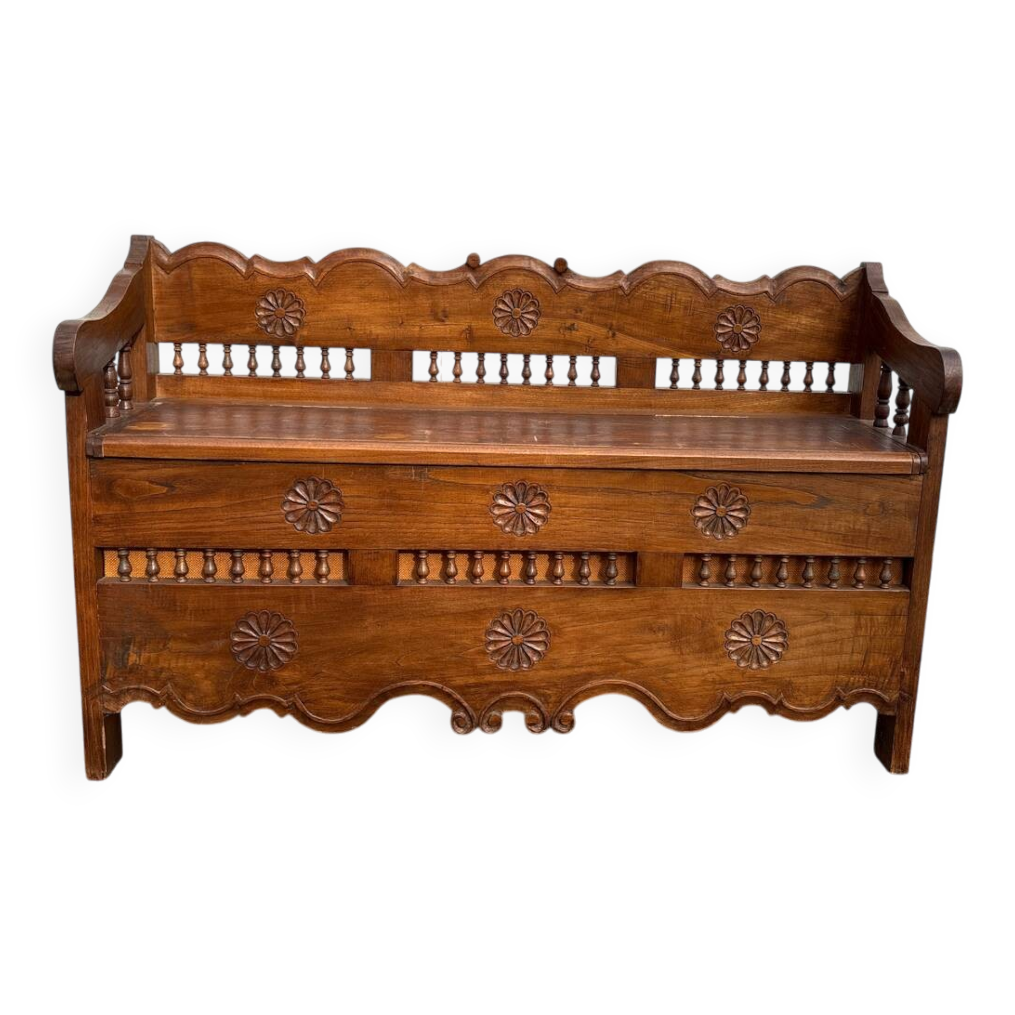 Carved wooden storage bench – rustic Savoyard style