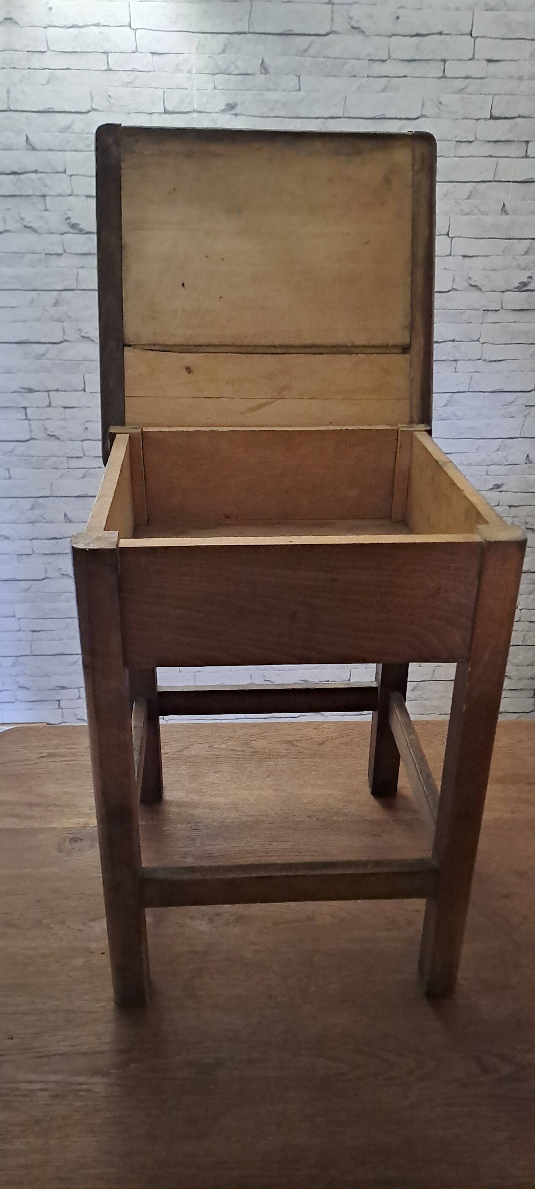 Stained brown wood stool 1940 with locker extra furniture decoration kitchen workshop veranda